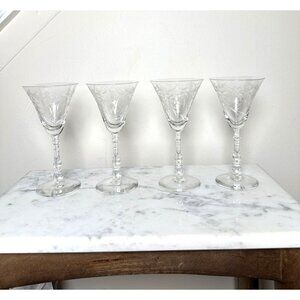 Set of 4 Vintage Etched Floral Wine Glasses Elegant  Clear Stemware Replacement